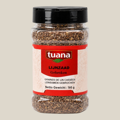 TuanaShop BV pot met gebroken lijnzaad, rijk aan vezels en omega-3, in een doorzichtige verpakking van 160 gram.