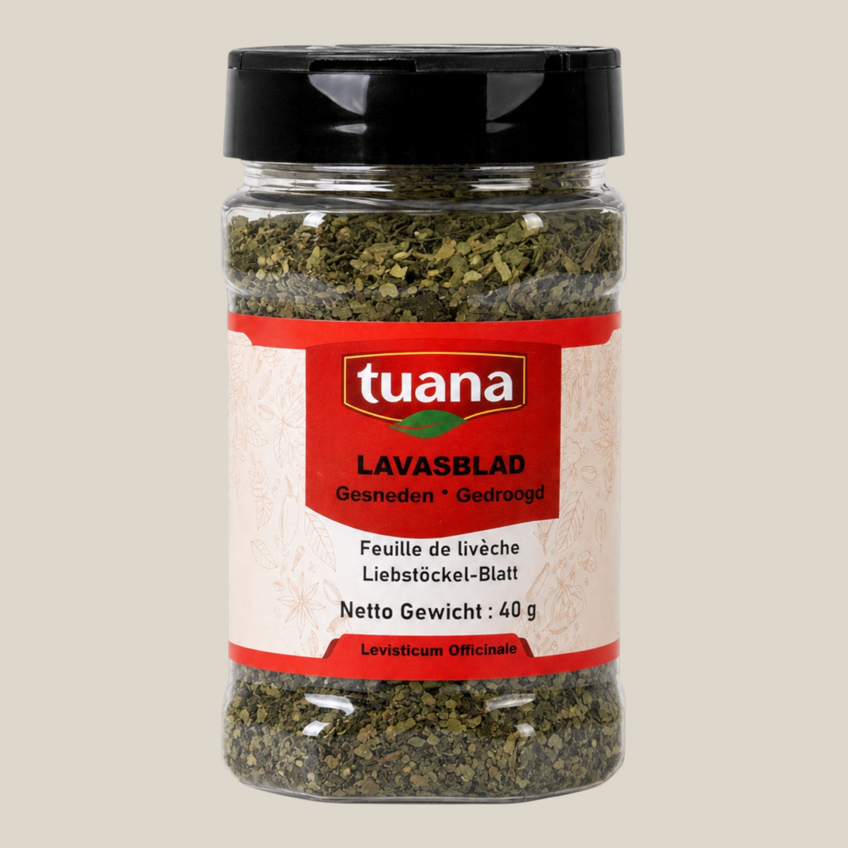 TuanaShop BV pot met gedroogd en gesneden lavasblad, ook bekend als maggikruid, voor soepen en sauzen.