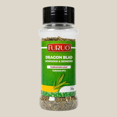TuanaShop BV Furuo gedroogde en gesneden dragon in een doorzichtige kruidenpot met zwart deksel