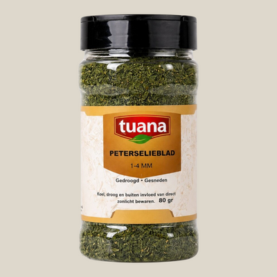 TuanaShop BV pot met gedroogde en gesneden peterselie (4mm) voor soepen, sauzen en diverse gerechten.