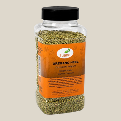 TuanaShop BV oregano knopjes in een doorzichtige plastic pot met zwart deksel voor mediterrane gerechten