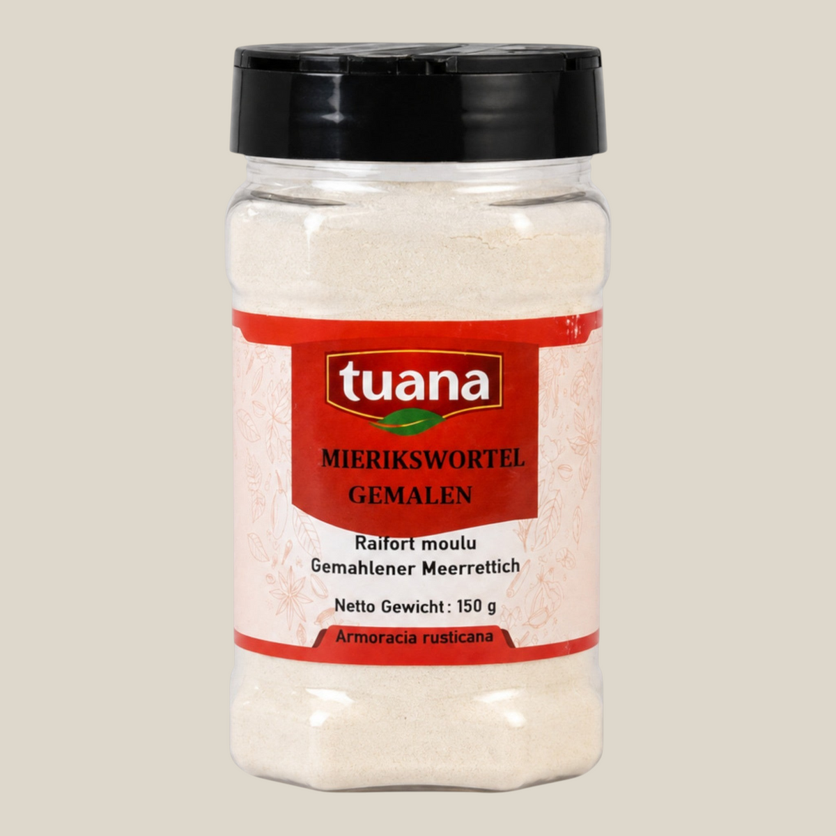 TuanaShop BV gemalen mierikswortel in een doorzichtige kruidenpot met zwart deksel voor een pittige smaakbeleving