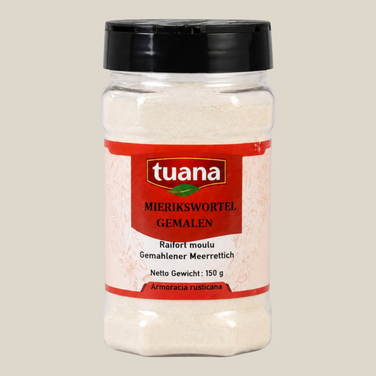 TuanaShop BV gemalen mierikswortel in een doorzichtige kruidenpot met zwart deksel voor een pittige smaakbeleving