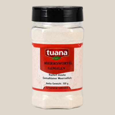 TuanaShop BV gemalen mierikswortel in een doorzichtige kruidenpot met zwart deksel voor een pittige smaakbeleving