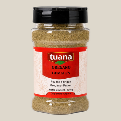 TuanaShop BV pot met gemalen oregano kruiden in een doorzichtige verpakking met zwart deksel
