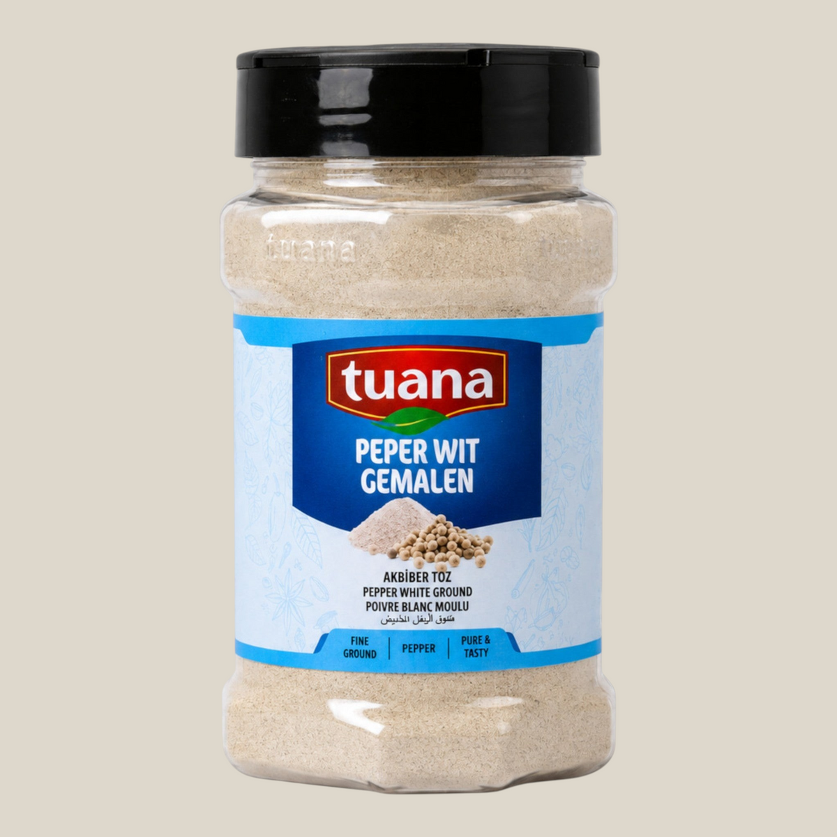 TuanaShop BV potje met fijn gemalen witte peper voor een milde en aromatische smaak in lichte gerechten.