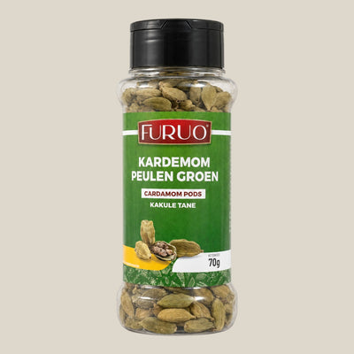 TuanaShop BV Furuo groene kardemompeulen in een doorzichtige kruidenpot van 70 gram voor thee en gerechten