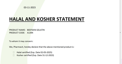 TuanaShop BV Halal en Kosher certificaat voor rundergelatine poeder met productinformatie en vervaldata.