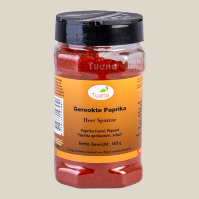 TuanaShop BV pot met 160g heet gerookt paprikapoeder uit Spanje met een dieprode kleur en rokerig aroma.