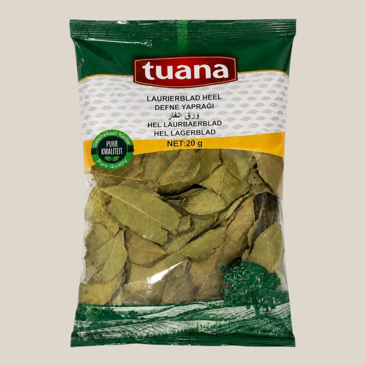 TuanaShop BV verpakking met hele gedroogde laurierbladeren voor soepen en stoofschotels