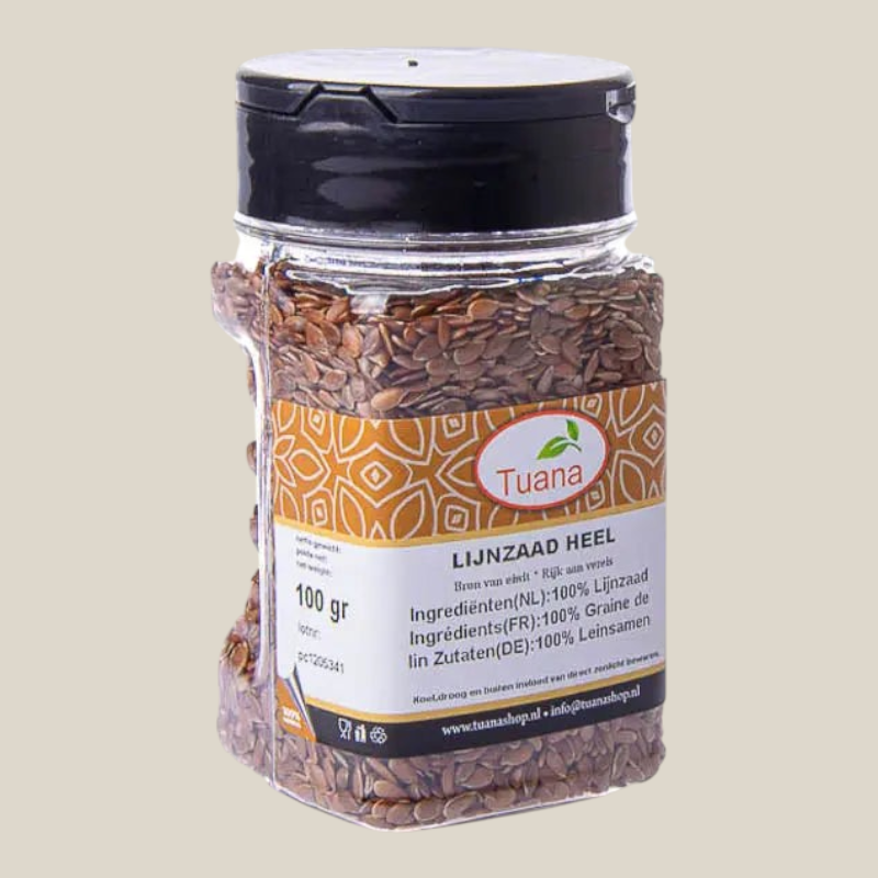 TuanaShop BV pot met hele bruine lijnzaadjes, rijk aan vezels en omega-3, in een doorzichtige kunststof verpakking.