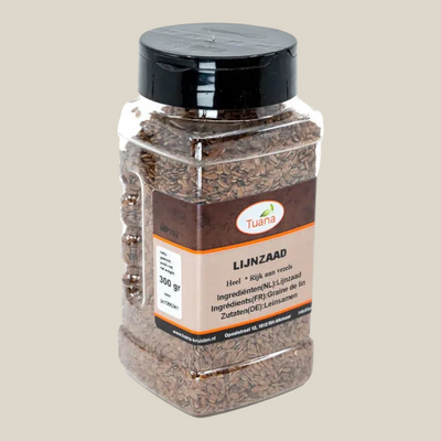 TuanaShop BV pot met hele bruine lijnzaadjes, rijk aan vezels en omega-3, in een doorzichtige verpakking.
