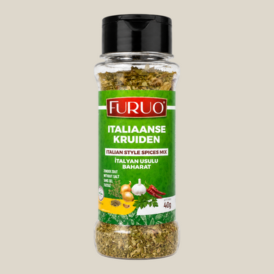 TuanaShop BV Furuo Italiaanse Kruiden mix in een doorzichtige strooibus met groene etikettering