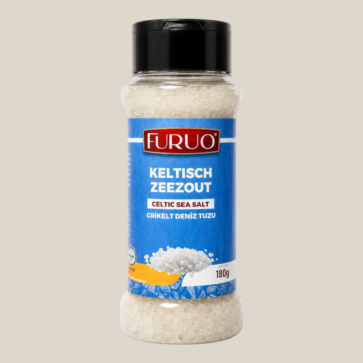 TuanaShop BV Furuo Keltisch zeezout in een transparante strooibus van 180 gram met blauw etiket