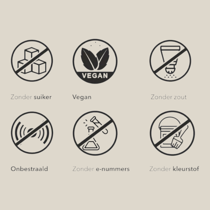 TuanaShop BV iconen voor lijnzaad: vegan, zonder suiker, zout, e-nummers, kleurstoffen en onbestraald.