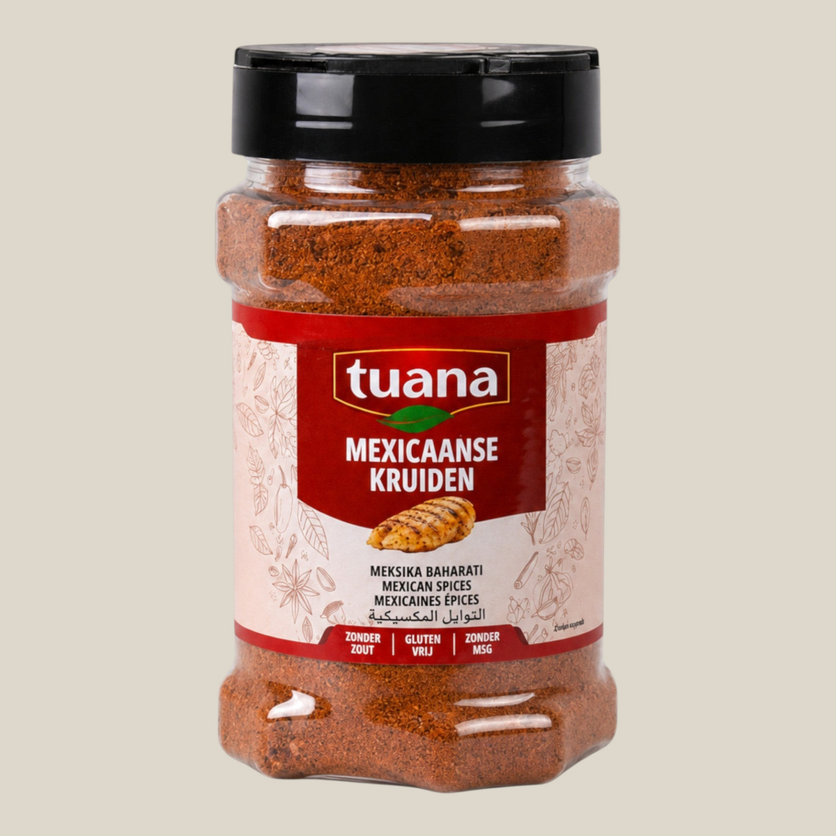 TuanaShop BV Mexicaanse kip kruiden in een doorzichtige kruidenpot met zwart deksel en rood etiket