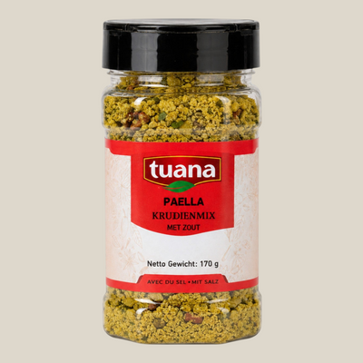 TuanaShop BV paella kruidenmix in een doorzichtige pot met een rood etiket en zwarte dop voor Spaanse rijstgerechten.