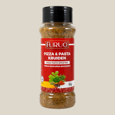 TuanaShop BV Furuo pizza en pasta kruidenmix in een transparante strooibus van 95 gram met rood etiket
