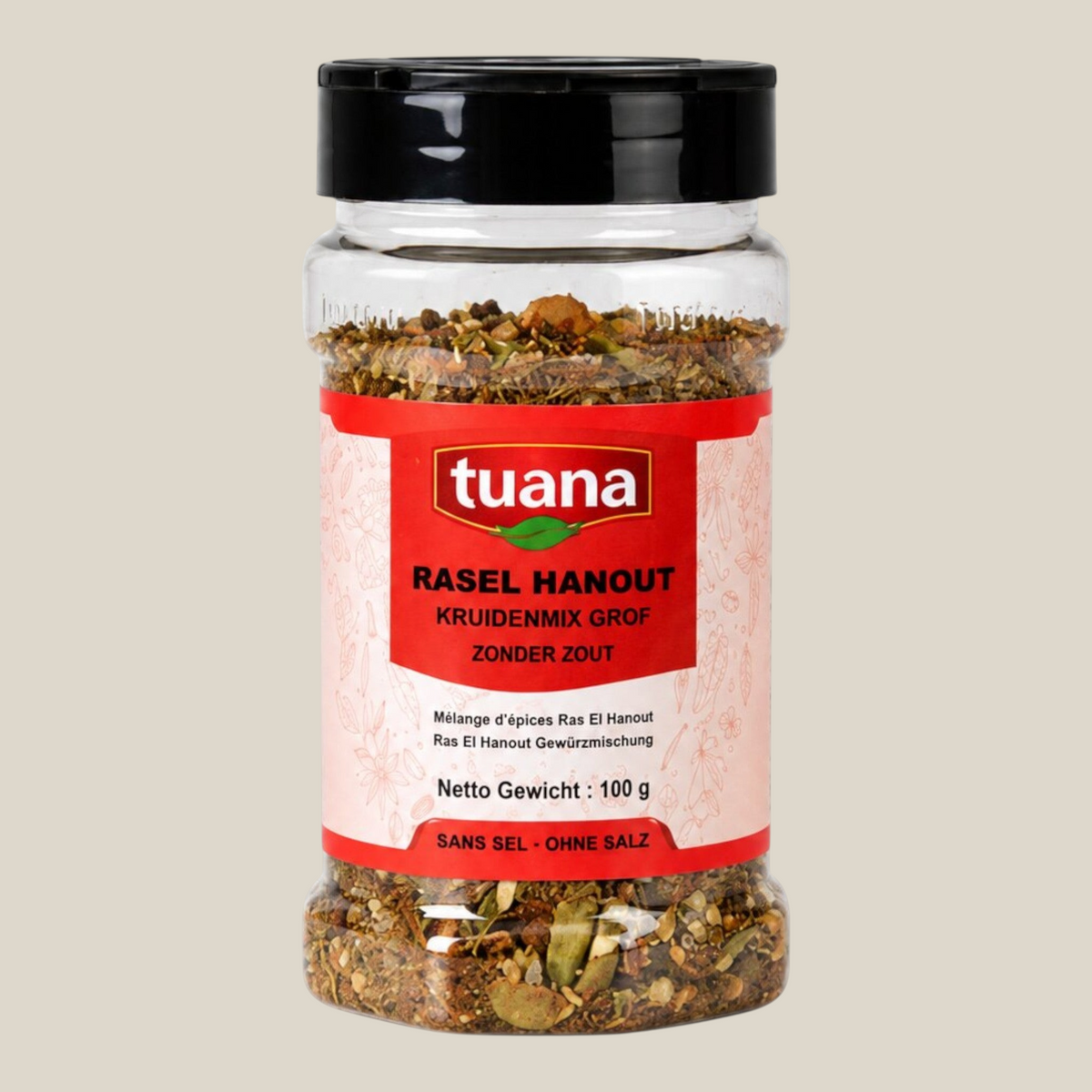 TuanaShop BV Ras el Hanout kruidenmix grof in een doorzichtige pot met zwarte dop voor aromatische gerechten