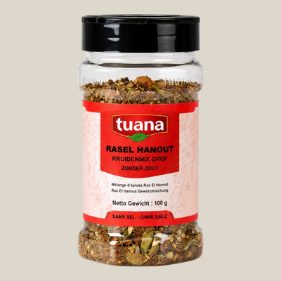 TuanaShop BV Ras el Hanout kruidenmix grof in een doorzichtige pot met zwarte dop voor aromatische gerechten