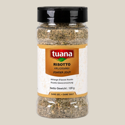 TuanaShop BV Risotto kruidenmix in een doorzichtige kruidenpot met zwarte dop voor rijstgerechten en pasta