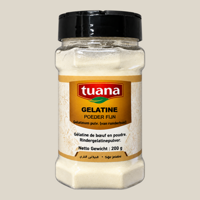 TuanaShop BV runder gelatine poeder in een doorzichtige pot met zwarte dop, 220 Bloom halal bindmiddel.