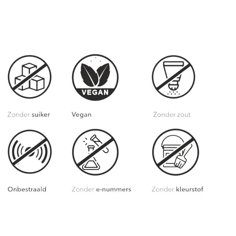 TuanaShop BV iconen voor zwarte peper: vegan, zonder suiker, zout, e-nummers, kleurstoffen en onbestraald.