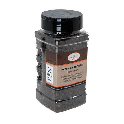 TuanaShop BV zwarte peperkorrels in een vierkante kunststof pot van 250 gram voor een aromatische en pittige smaak.