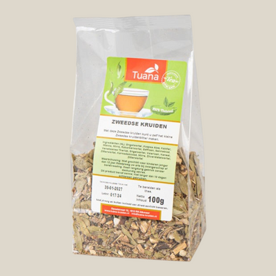 TuanaShop BV Zweedse Kruiden melange in een transparante verpakking van 100 gram voor het maken van kruidenbitter.