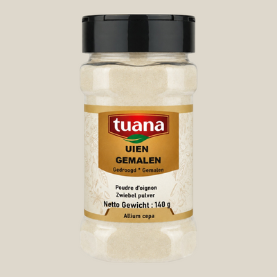 TuanaShop BV uienpoeder in een doorzichtige kruidenpot met zwarte dop voor een hartige smaak in soepen en sauzen.